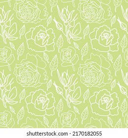 Vector seamless floral pattern in white line on lime background.Repeating botanical print in a minimalist style in bright modern colors.Designs for textiles,wallpaper,fabric,wrapping paper,packaging.
