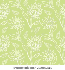 Vektornahtlose Blumenmuster in weißer Linie auf Kalkhintergrund.Wiederholter botanischer Ausdruck in minimalistischem Stil in hellmodernen Farben.Designs für Textilien, Tapeten, Gewebe, Umhüllungspapier, Verpackungen.