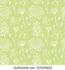 Vector seamless floral pattern in white line on lime background.Repeating botanical print in a minimalist style in bright modern colors.Designs for textiles,wallpaper,fabric,wrapping paper,packaging.