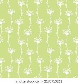 Vector seamless floral pattern in white line on lime background.Repeating botanical print in a minimalist style in bright modern colors.Designs for textiles,wallpaper,fabric,wrapping paper,packaging.