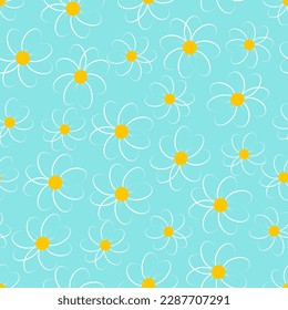 Vector seamless floral pattern with white chamomiles on blue background in cartoon style. Vector floral background with daisy flowers for summer design