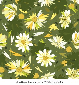 Vector seamless floral pattern with white and yellow flowers with leathes and petals on green background. 