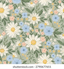 Vector seamless floral pattern with white daisies, blue wildflowers, small pastel blossoms and green foliage on a sage green background. Botanical repeat design for fabric, wallpaper, wrapping paper, stationery, textile prints and surface pattern projects.