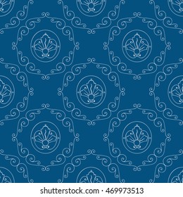 Vector seamless floral pattern. White on the blue background. Flowers and monogram.
