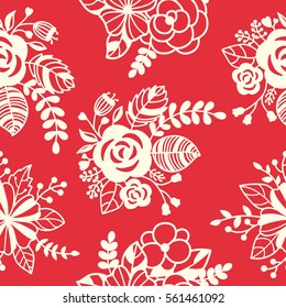 Vector seamless floral pattern, white flowers on red background