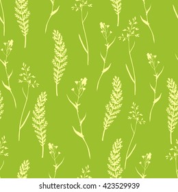 Vector seamless floral pattern with wild herbs and leaves on green. Hand drawn botanical illustration for print, wrapping, fabric, background and other seamless natural design.