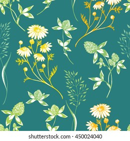 Vector seamless floral pattern with wild herbs and flowers. Colored on green.Hand drawn botanical herbal illustration in sketch style. For print, fabric, wallpaper, wrapping and other seamless design.