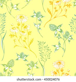 Vector seamless floral pattern with wild herbs and flowers on yellow. Hand drawn botanical herbal illustration in sketch style. For print, fabric, wallpaper, wrapping and other seamless design.