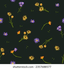 Vektornahtloses Blumenmuster. Wildblumen auf dunklem Hintergrund.