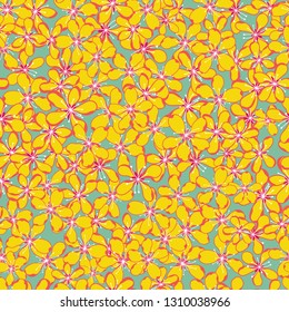 Vector of seamless floral pattern with yellow petals of hydrangea on blue background. Design for textile, fabric, wallpaper, wrapping, scrapbook, and packaging.