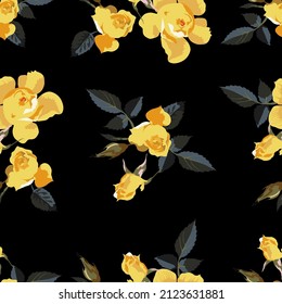 Vector Seamless Floral Pattern Yellow Roses And Rose Buds On Black Background For Fabric Design,