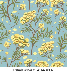 Vector seamless floral pattern with yellow tansy flowers on blue background.