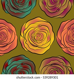 Vector seamless floral pattern with yellow, red and purple roses, watercolor effect.
