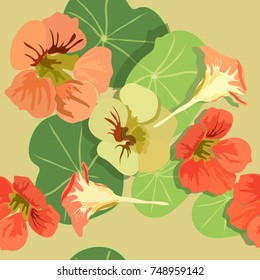 Vector seamless floral pattern, yellow and orange nasturtium flowers on a background of green leaves.