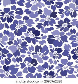 Vector seamless floral patterns. Monochrome blue flowers isolated on a white  background. Simple flower in the color of the year very peri.