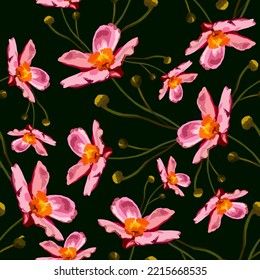 Vector Seamless Floral Pink Cosmos Flower Pattern