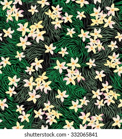 Vector seamless floral print on a background of zebra skin. 