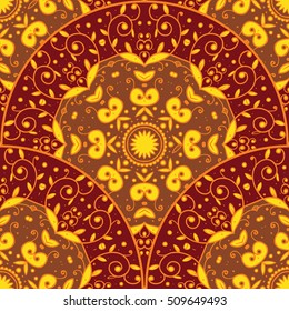 Vector seamless floral retro doodle pattern with flowers and leaves on a brown background. Color brown and yellow seamless pattern. Doodle lace mandala. Vector illustration. 