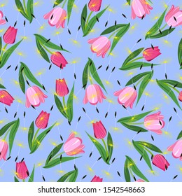 Vector seamless floral Romantic background with tulips and dandelions. Seamless pattern Fashion design for textile, wallpaper, fabric. 