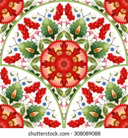 Vector seamless floral round background. Flower in style of Petrykivka painting. 