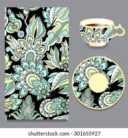 vector seamless floral russian or slavs pattern with cup and plate. stock