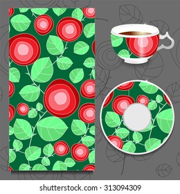 vector seamless floral russian or slavs pattern with cup and plate. stock