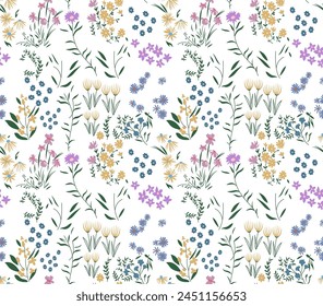 vector seamless floral   small flower and leaves pattern  with on white ground