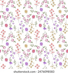 vector seamless floral   small flower and leaves pattern  with on white ground