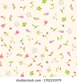 Vector seamless floral spring pattern with abstract flowers, tulips, snowdrops, butterflies and bees. Perfect for decorating Easter and spring greeting cards or other design