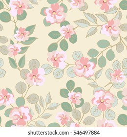 Vector seamless floral spring pattern from handdrawn leaves and semiabstract flowers. Fashionable colours. For fabric, cloth design, wallpaper.