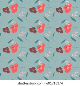 Vector seamless floral spring pattern from handdrawn leaves and flowers. Fashionable colours. For fabric, cloth design, wallpaper