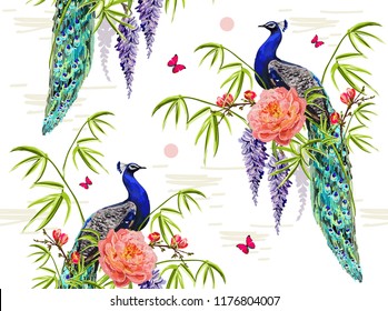 Vector seamless  floral summer Illustration background with tropical japanese sakura flowers, wisteria, rose, bamboo, peacock, butterflies.Perfect for wallpapers, web page backgrounds, surface texture