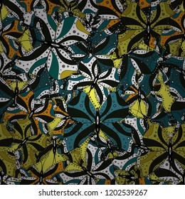 Vector. Seamless floral summer pattern background on gray, yellow and white colors. Perfect for wallpapers, web page backgrounds, surface textures, textile. Pictures witg tropical butterflies.