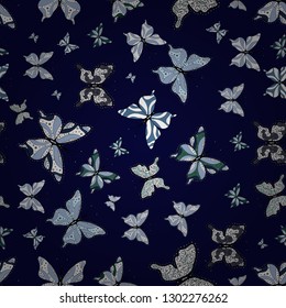 Vector. Seamless floral summer pattern background on black, blue and white colors. Pictures witg tropical butterflies. Perfect for wallpapers, web page backgrounds, surface textures, textile.