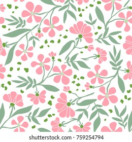 Vector seamless floral texture. Endless pattern with simple pink flowers. Print for wallpaper, wrapping paper, web page background, surface design