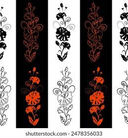 Vector sin costuras floral de tres colores rojo negro blanco patrón para papel, diseño de tela.