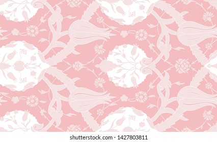 Vector seamless floral tulips patterns on the vintage tiled wall in Ottoman style 