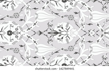 Vector seamless floral tulips patterns on the vintage tiled wall in Ottoman style 