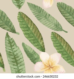 Vector seamless floral vintage pattern with hand painted watercolor tropical plants. Stylized Plumeria leaves and flowers on light beige background