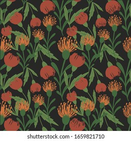 Vector seamless floristic pattern with primitive red orange flowers with green leaves on a stalk on a dark isolated background. Use as wallpaper, wrapping paper, textile, clothing,  design, card