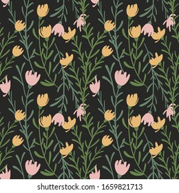 Vector seamless floristic pattern with primitive yellow pink flowers with green leaves on a stalk on a dark isolated background. Use as wallpaper, wrapping paper, textile, clothing, design, card