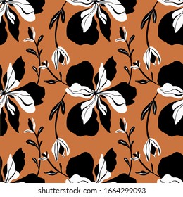 Vector seamless floristic pattern with primitive black and white flowers with  leaves on a stalk on a orange isolated background. Use as wallpaper, wrapping paper, textile, clothing,  design, card