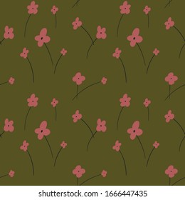 Vector seamless floristic pattern with primitive red  flowers on a stalk on a green isolated background. Use as wallpaper, wrapping paper, textile, clothing,  design, card