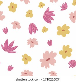 Vector seamless floristic pattern with primitive yellow pink flowers with green leaves on a stalk on a white isolated background. Use as wallpaper, wrapping paper, textile, clothing,  design, card