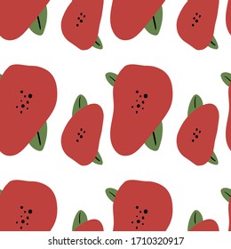 Vector seamless floristic pattern with primitive red flowers with green leaves on a white background. Use as wallpaper, wrapping paper, textile, clothing,  design, card. Strawberry, poppy