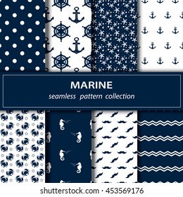 vector seamless flow painting on the theme of the sea in blue white , anchor, wheel , seashell cancer, circle, mustache.