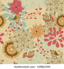 vector seamless flower background with birds