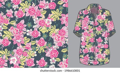 Vector seamless Flower background on women's shirt mockup.  Liberty style. floral background for fashion, wallpapers, print. Trendy floral design