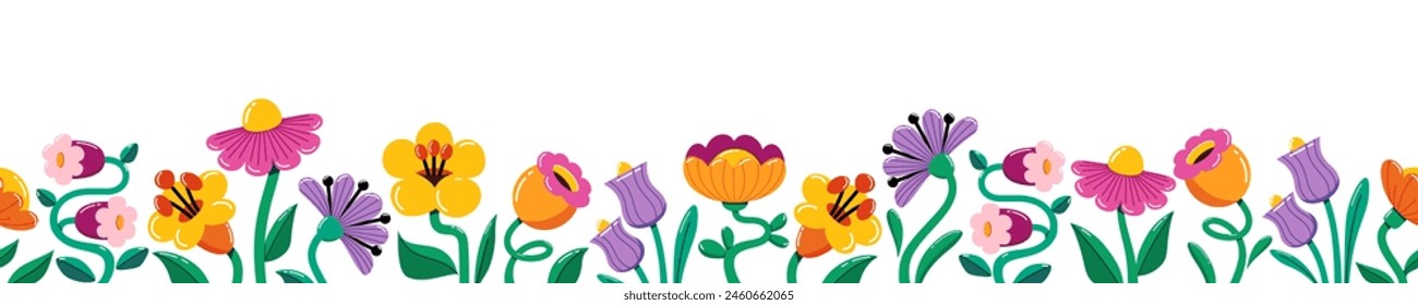 Vector seamless flower border of stylizet contemporary bold vivid flowers on white background. Template for banners, flyers, invitation, event announcement, billboard 