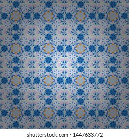 Vector seamless flower ornament pattern for printing on fabric or paper. Hand drawn background in beige, gray and blue colors. Elements for your design.